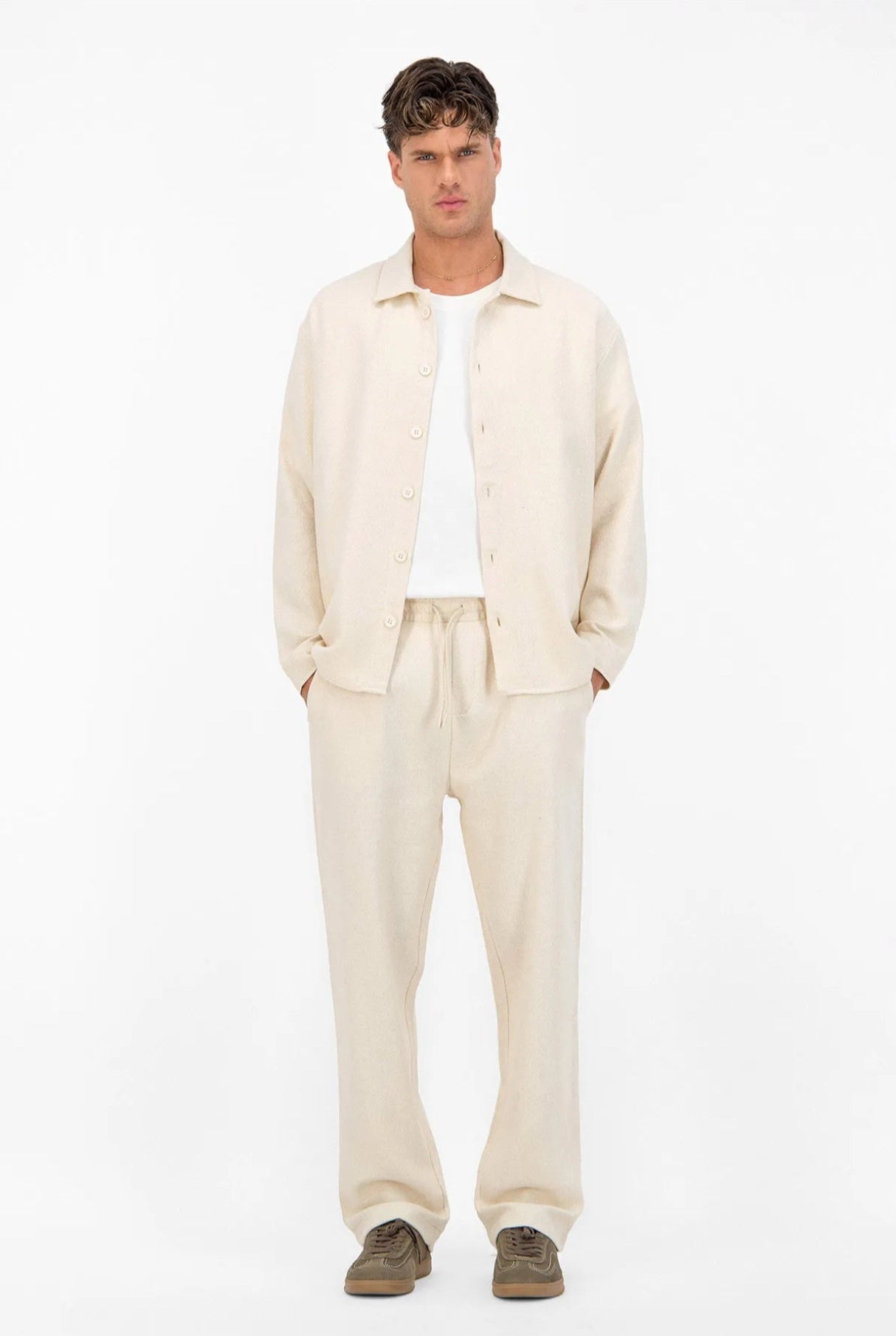 Pantalon Ample en Maille ADJ Texturée Écru – Taille Élastique & Cordon