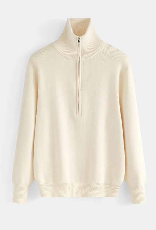 Pull Col Montant Zippé en Maille — Blanc Écru / Crème