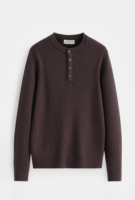 Pull Col Tunisie en Maille Côtelée — Marron Prune / Chocolat