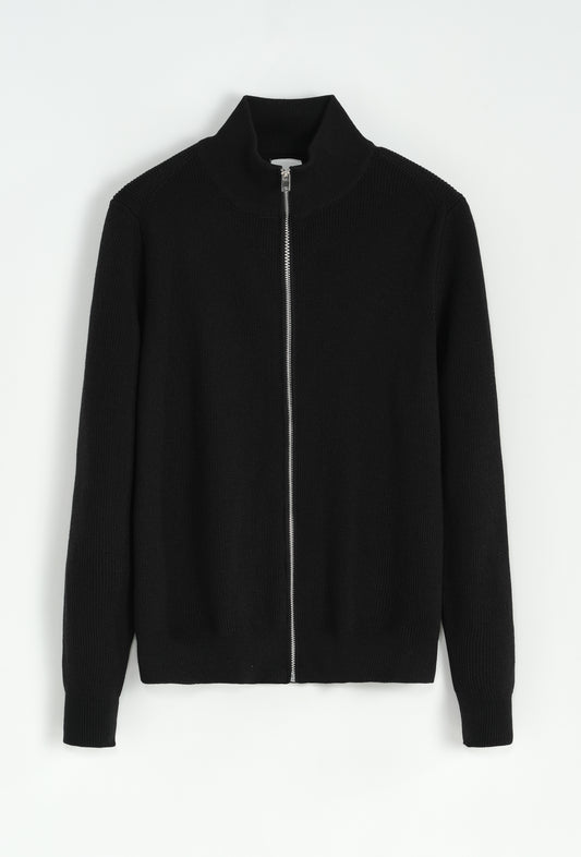 Gilet Zippé Col Montant en Maille — Noir Intemporel