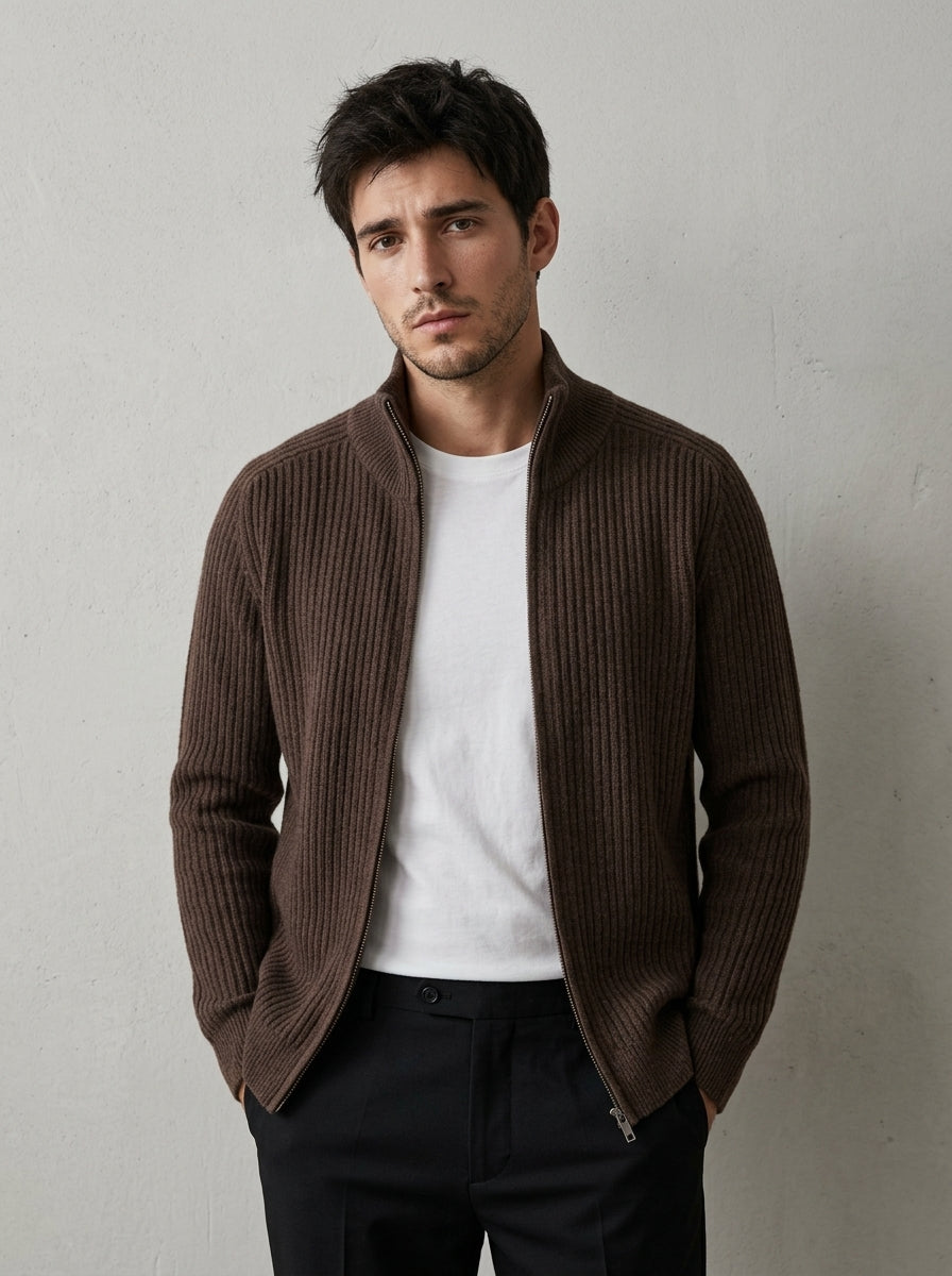 Gilet Zippé Col Montant en Maille Côtelée  Laine — Marron Chocolat