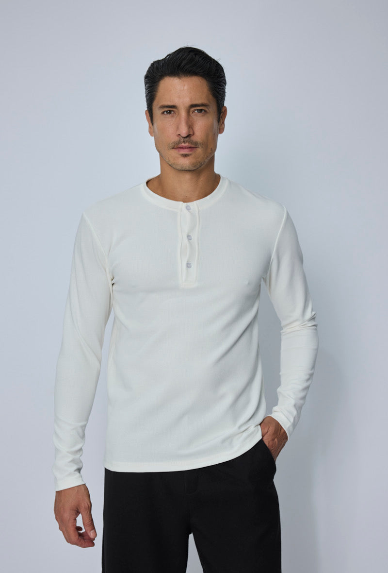 T-Shirt Manches Longues Col Tunisie (Henley) — Blanc Écru