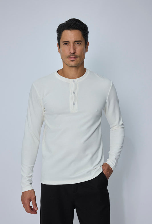 T-Shirt Manches Longues Col Tunisie (Henley) — Blanc Écru