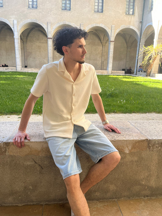Chemise en Maille Côtelée à Motif Géométrique – Écru Menzo