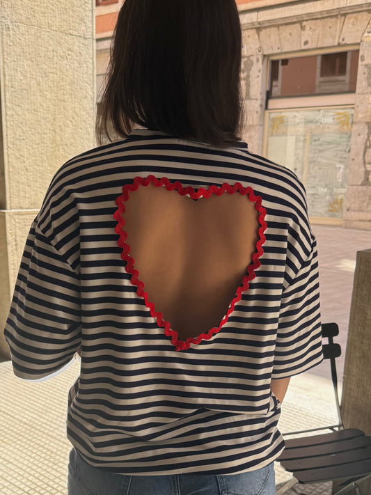 T-shirt coeur à rayures - bleu et blanc Menzo