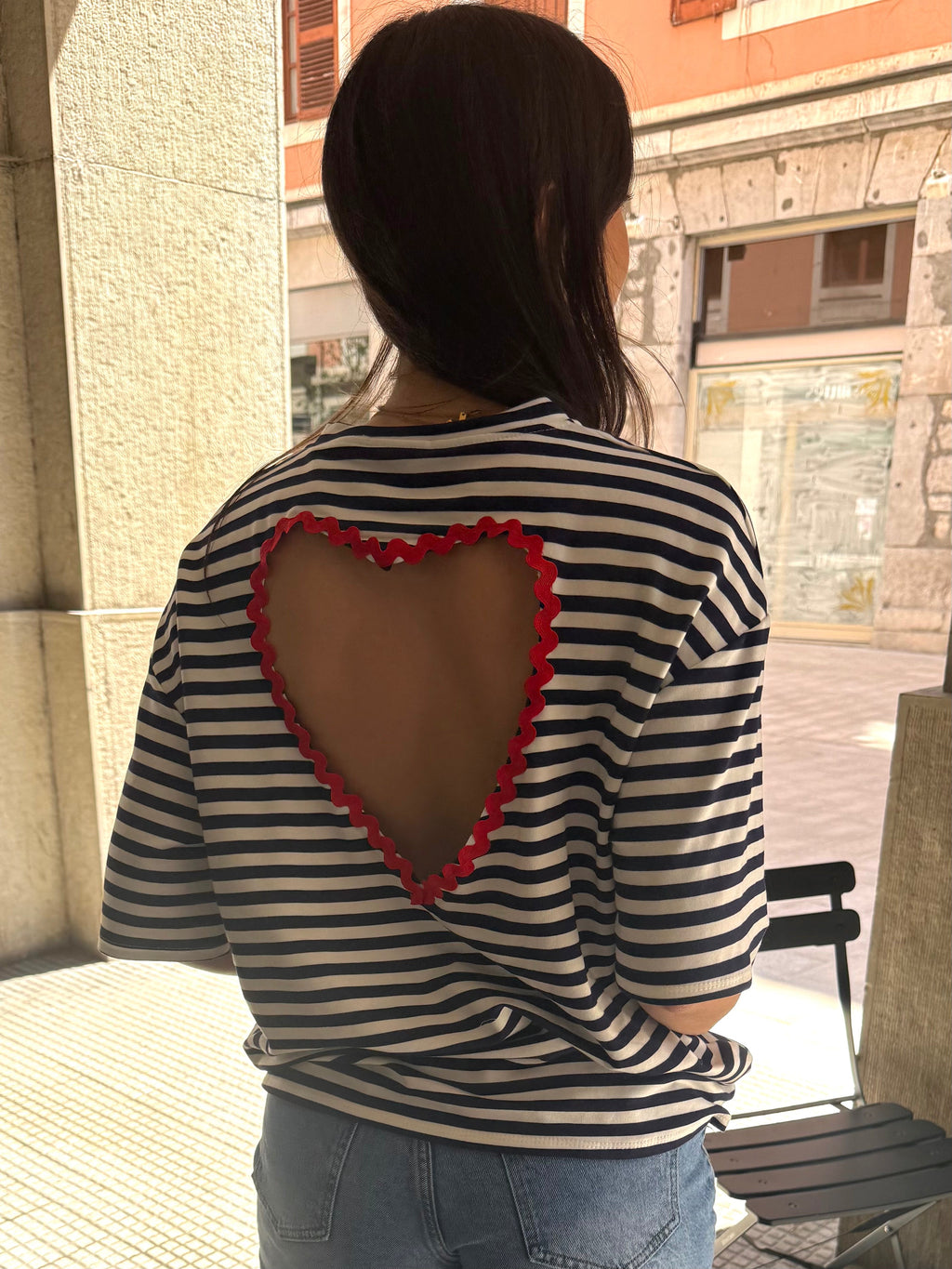 T-shirt coeur à rayures - bleu et blanc Menzo