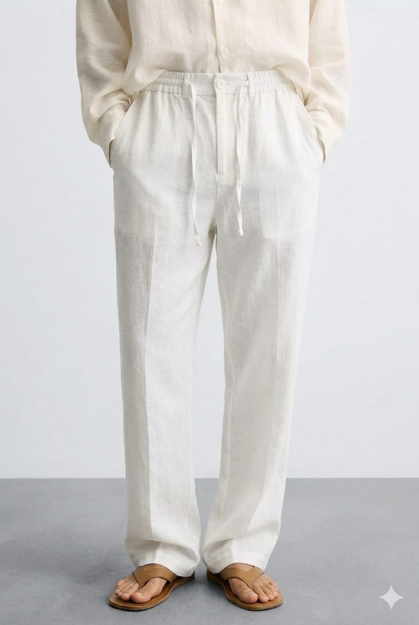 Pantalon en Lin Blanc – Coupe Droite & Taille Élastiquée - 100% Lin Naturel Menzo