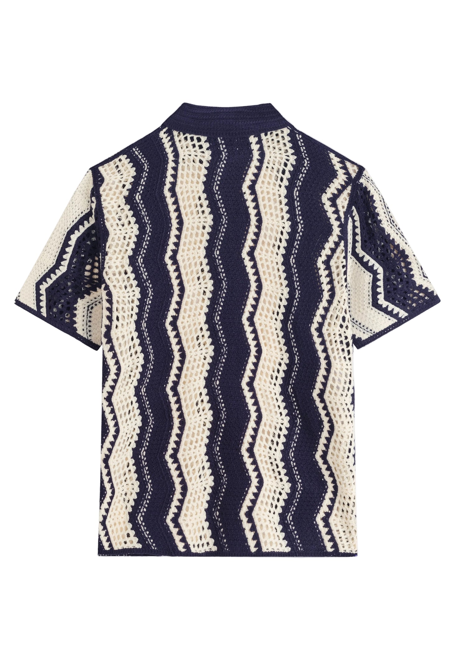 Chemise Polo en Maille Crochet à Motifs Zigzag – Bleu Marine et Crème