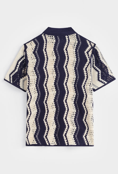 Chemise Polo en Maille Crochet à Motifs Zigzag – Bleu Marine et Crème