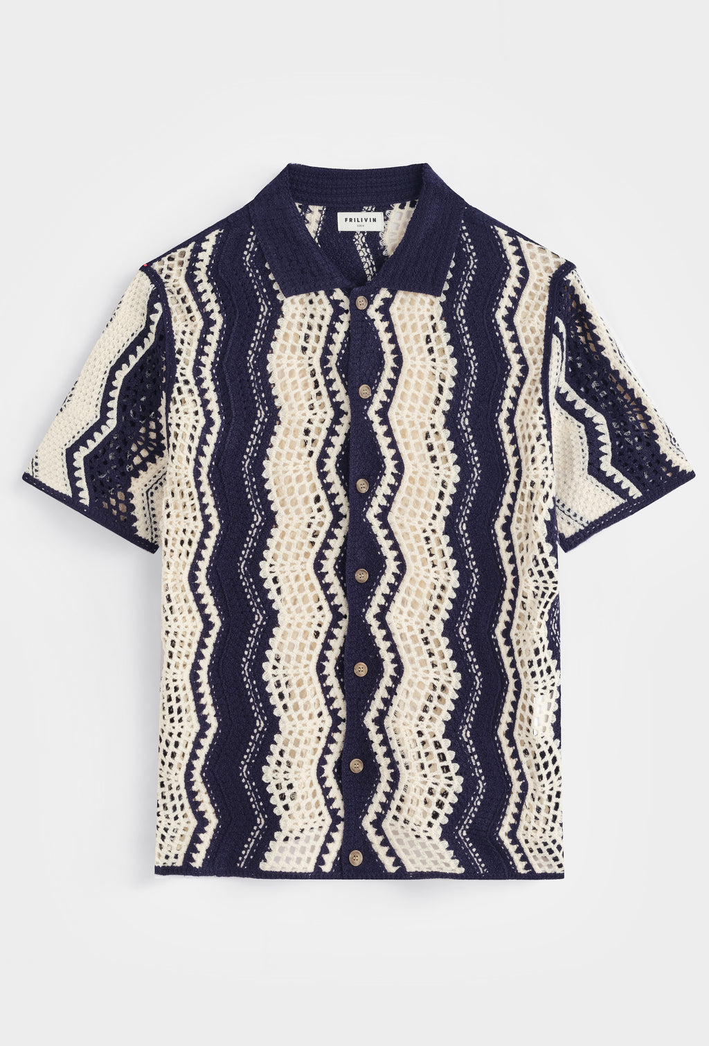 Chemise Polo en Maille Crochet à Motifs Zigzag – Bleu Marine et Crème