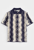 Chemise Polo en Maille Crochet à Motifs Zigzag – Bleu Marine et Crème