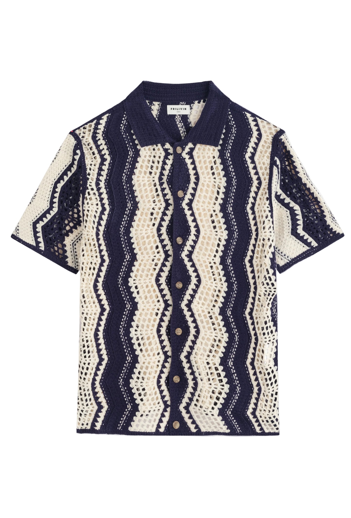 Chemise Polo en Maille Crochet à Motifs Zigzag – Bleu Marine et Crème