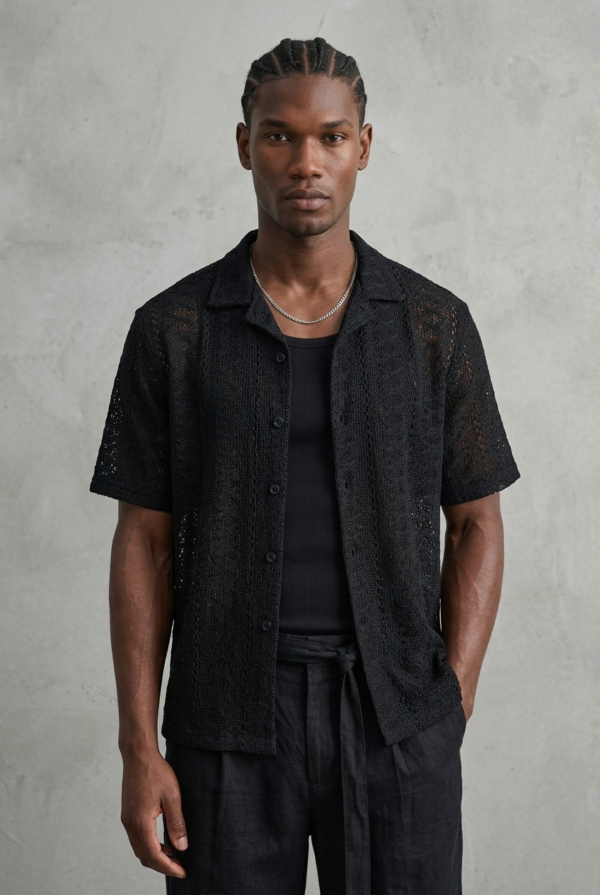 Chemise en maille ajourée à manches courtes – Noir