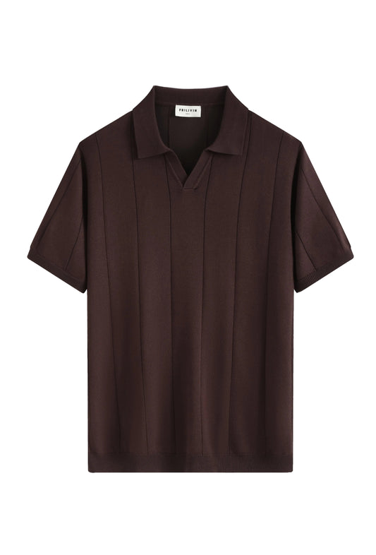 Polo en maille texturée à rayures verticales – Marron Foncé