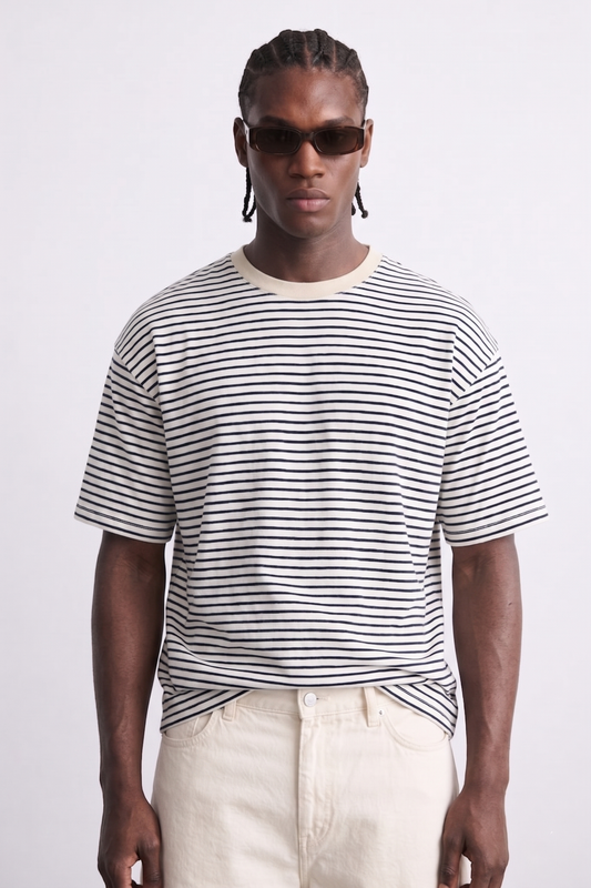 T-Shirt Coupe Wide Rayures Marinière – Écru & Marine