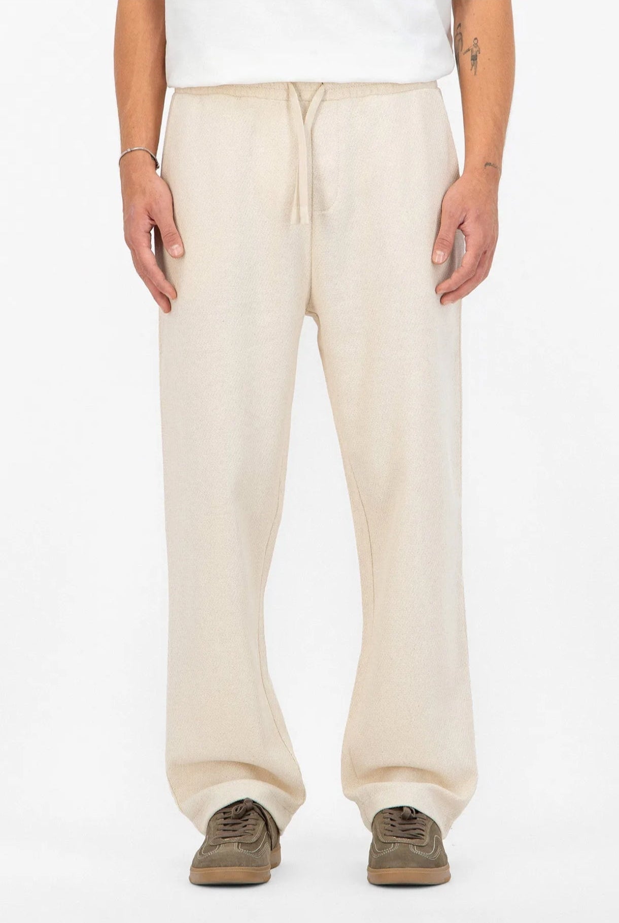 Pantalon Ample en Maille ADJ Texturée Écru – Taille Élastique & Cordon