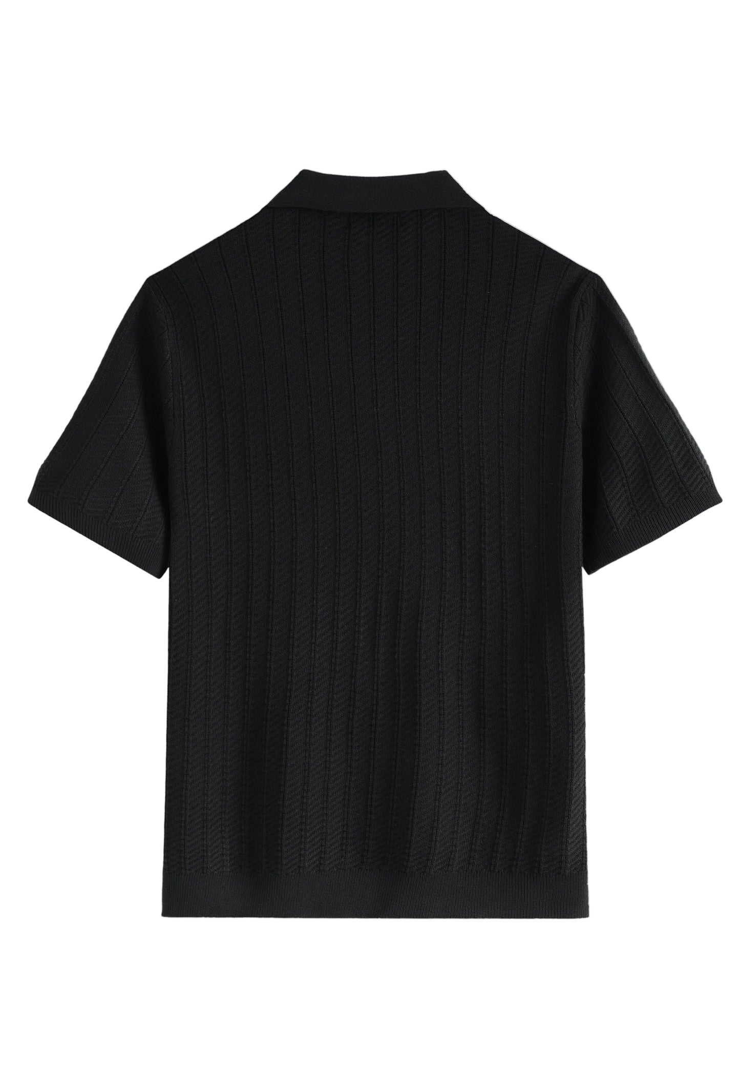 Polo en Maille Texturée Noir – Col Ouvert Sans Boutons
