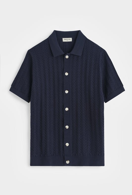 Polo Cardigan Chic en Maille Fine – Bleu Nuit