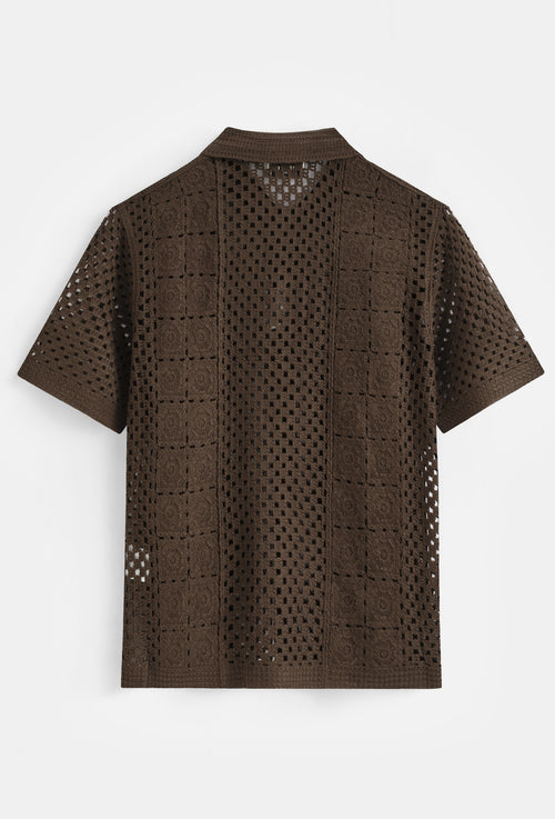Chemise en maille ajourée à manches courtes - Marron Chocolat