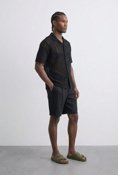 Chemise en maille ajourée à manches courtes – Noir