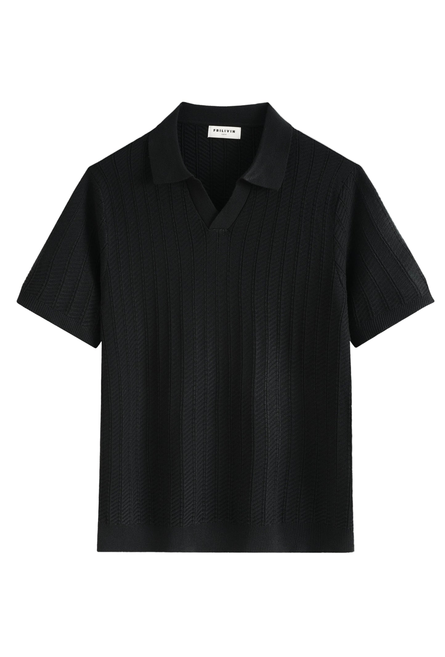 Polo en Maille Texturée Noir – Col Ouvert Sans Boutons