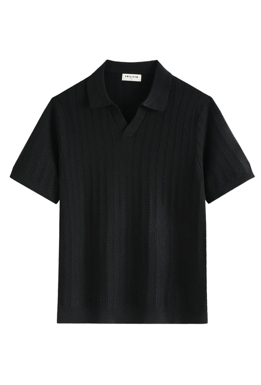 Polo en Maille Texturée Noir – Col Ouvert Sans Boutons