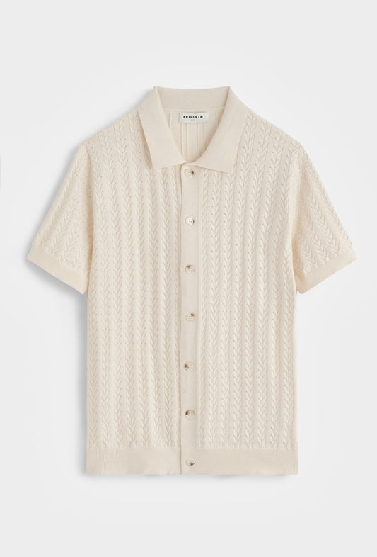 Polo Cardigan Chic en Maille Fine – Écru