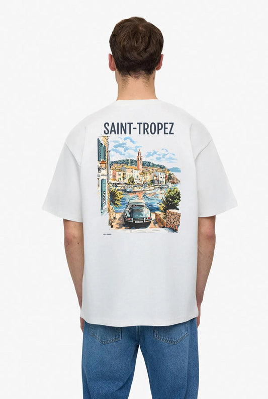Luxury White T-shirt "Saint-Tropez" – Port & Vintage Car Illustration
