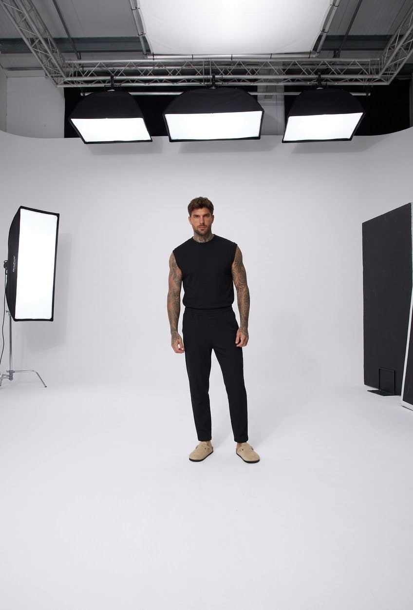Pantalon Fluide Texturé Noir à Taille Élastique – Ensemble