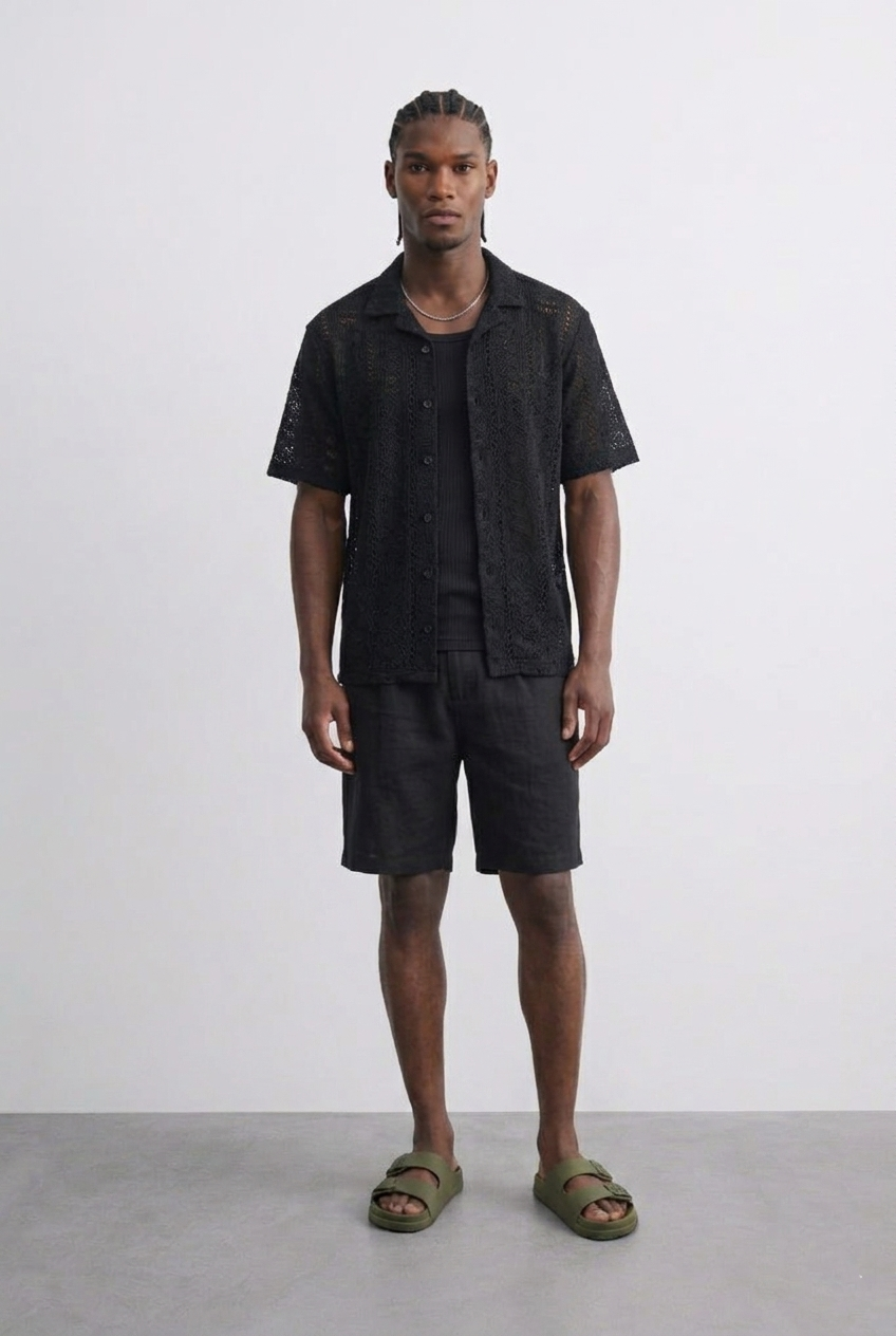 Chemise en maille ajourée à manches courtes – Noir