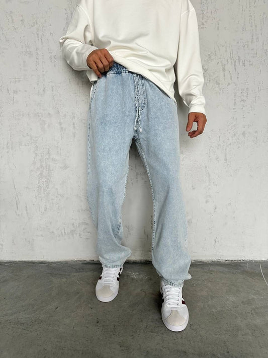 Jean Jogger Ample Bleu Clair – Taille Élastique & Cordon de Serrage