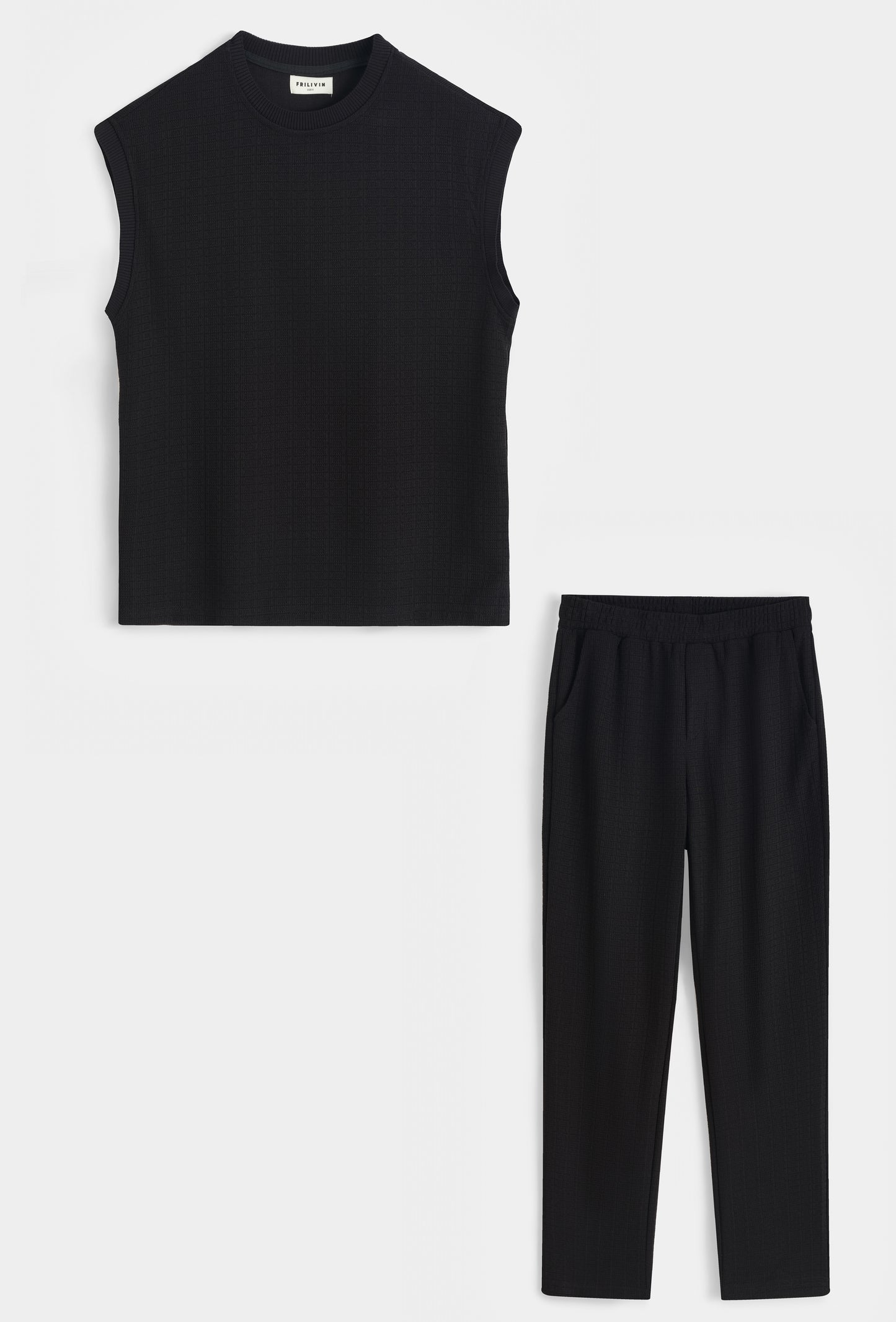 Pantalon Fluide Texturé Noir à Taille Élastique – Ensemble