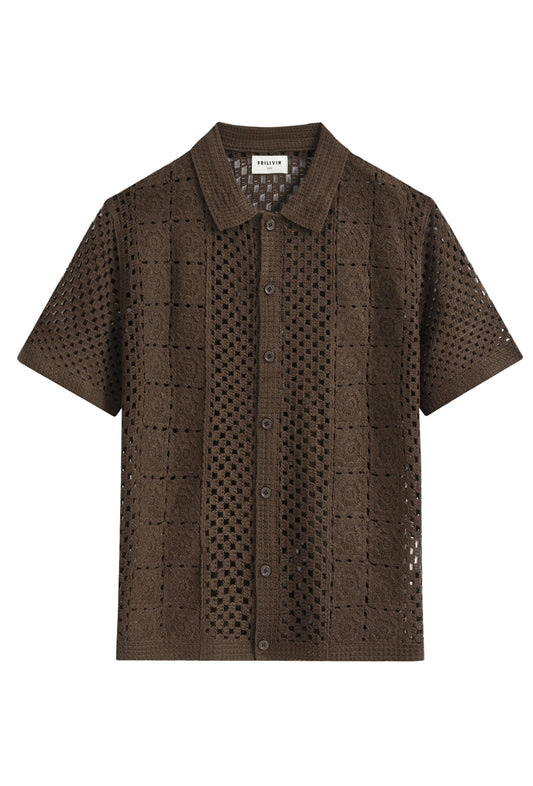 Chemise en maille ajourée à manches courtes - Marron Chocolat
